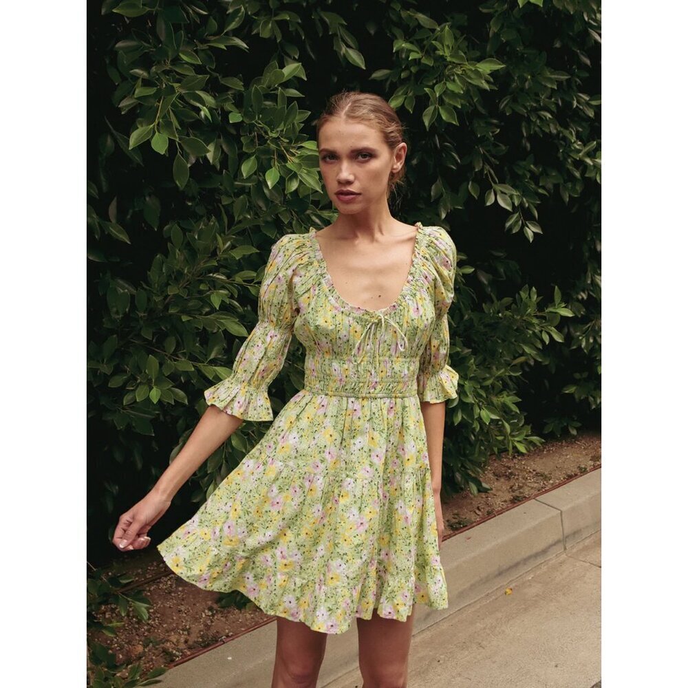 Rahi Milly Smock Floral Scoop Neck Mini Dress‎ Green Yellow Women M